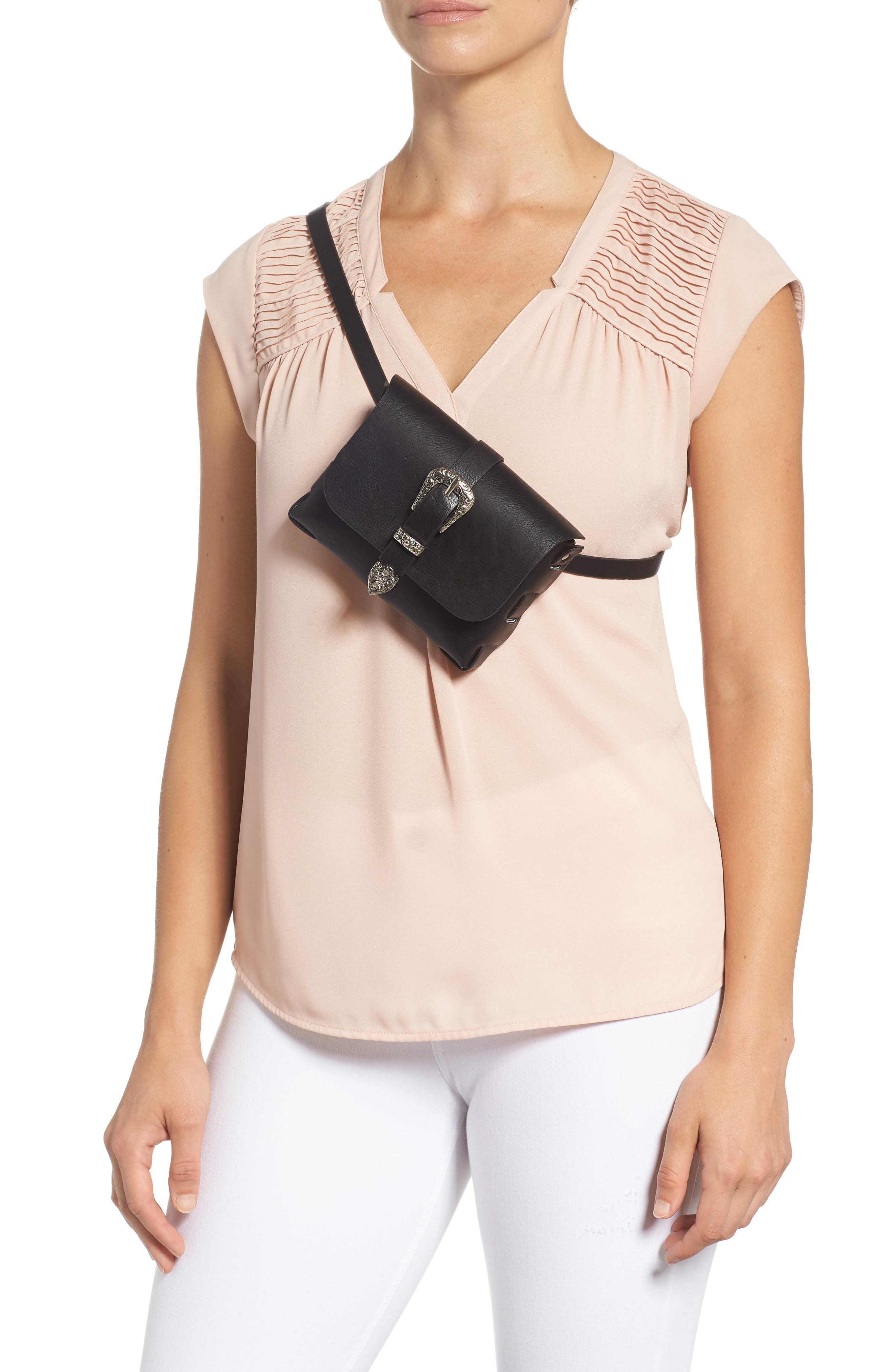Western Buckle Faux Leather Belt Bag, Alternate, color, BLACK