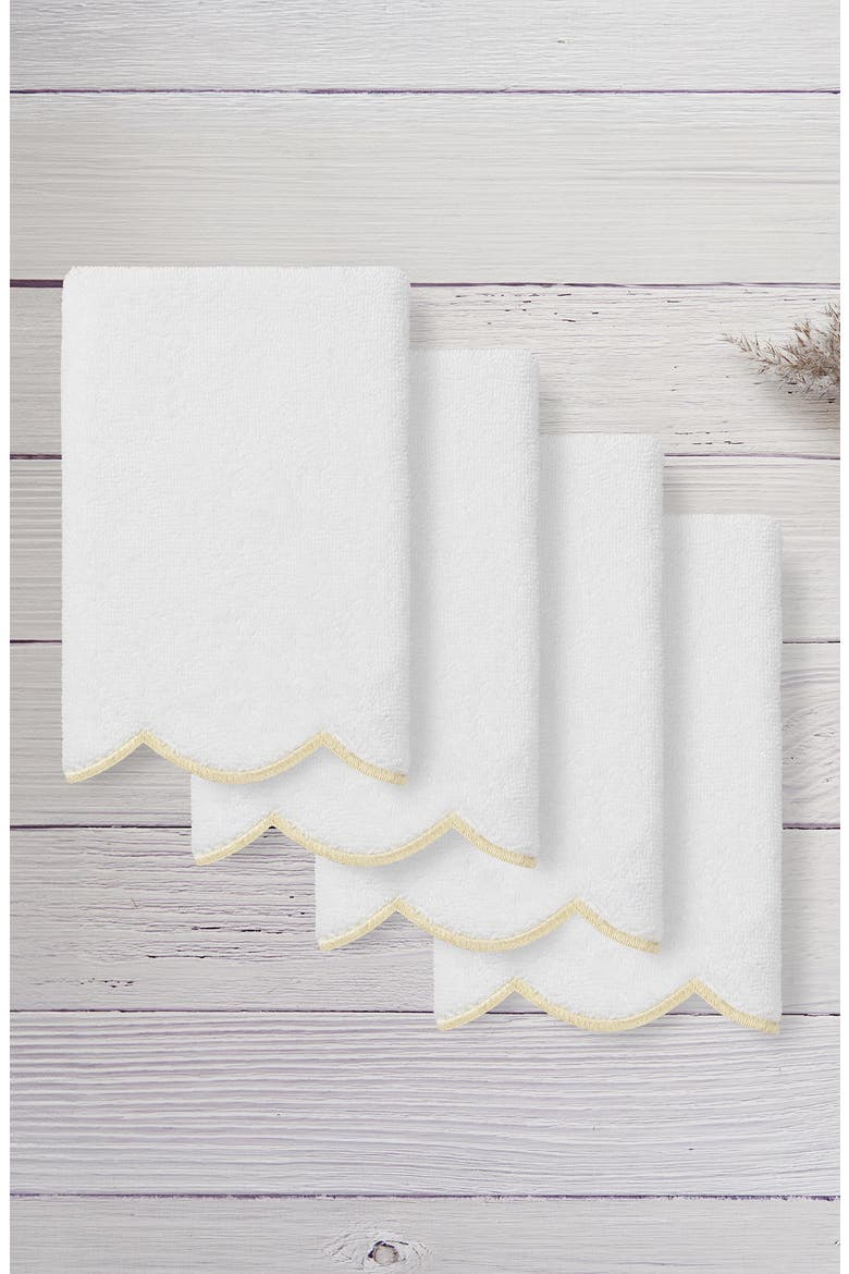 Adornia Scallop Set of 4 Fingertip Towels, Alternate, color, WHITE/ BEIGE