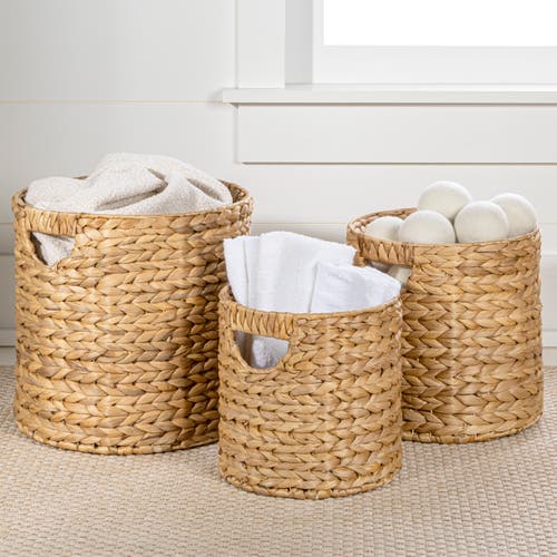 Happimess Avery Bohemian Cottage Handwoven Hyacinth Cylinder Nesting Baskets With Handles (set Of 3) In Natural