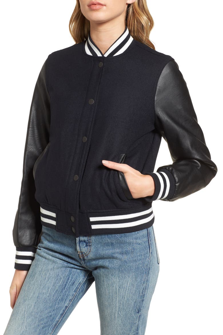 LEVIS® Mixed Media Varsity Bomber Jacket, Alternate, color, NAVY