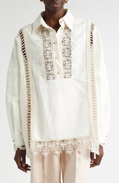 Zimmermann Macramé Lace Trim Linen Shirt In Cream