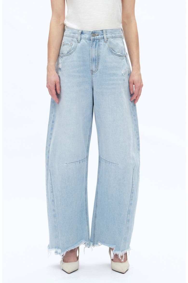 Frayed Super High Waist Barrel Jeans, Main, color, LIGHT BLUE