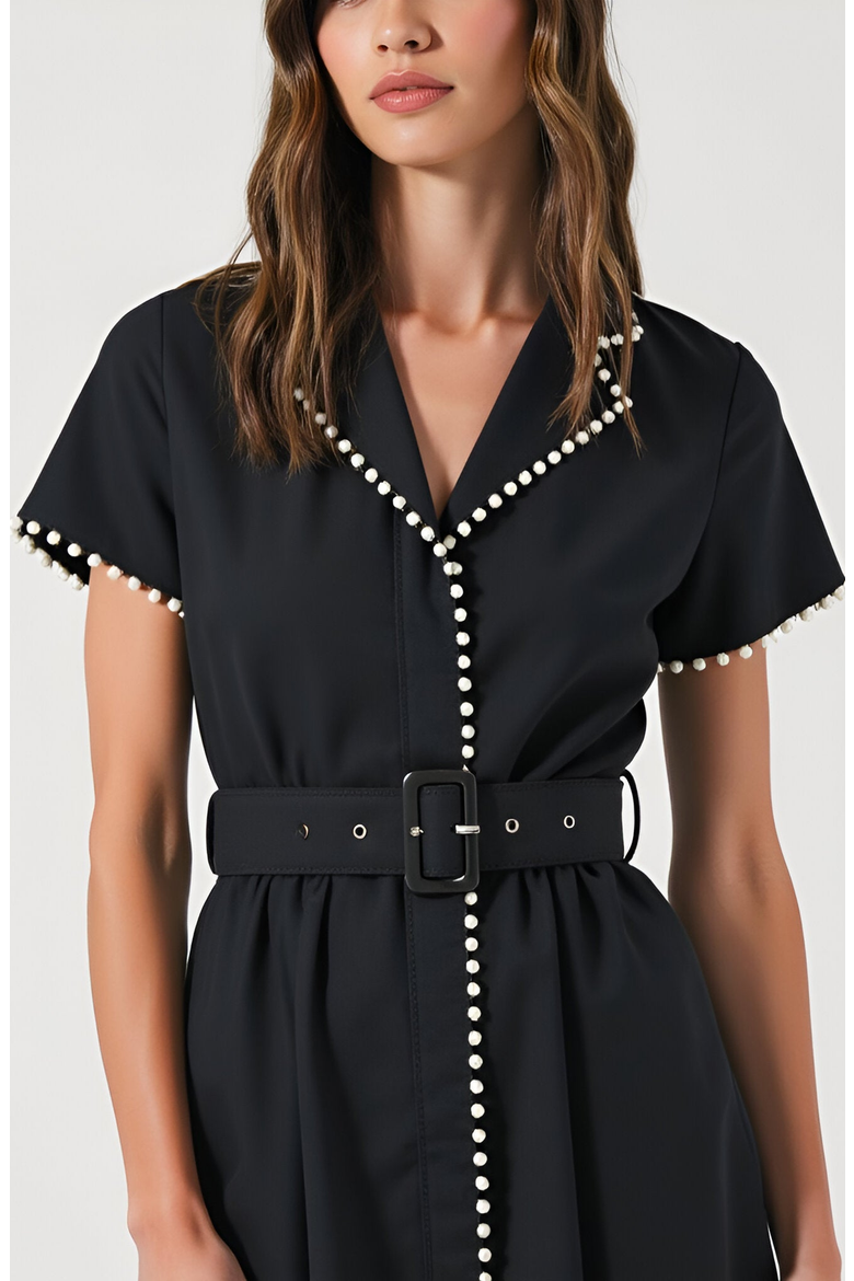 Short Sleeve Collared Midi Dress with Pearl Details and Statement Belt, Alternate, color, Black