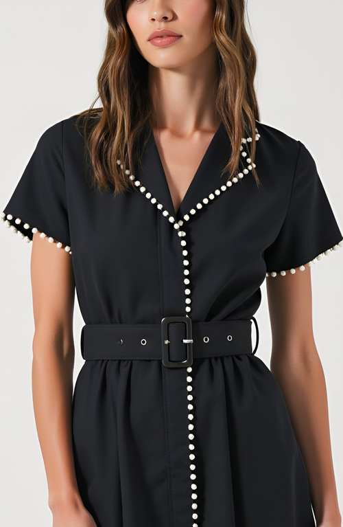 Modenaire Short Sleeve Collared Midi Dress With Pearl Details And Statement Belt In Black