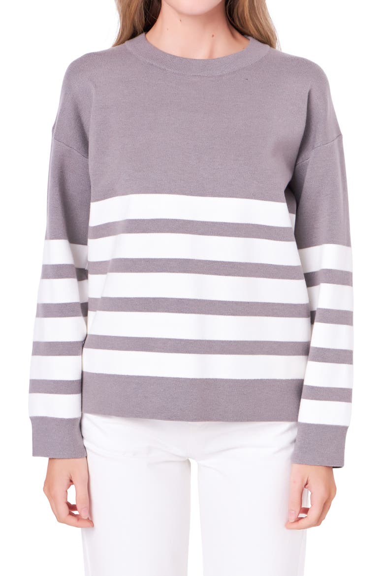 Stripe Crewneck Sweater, Main, color, HEATHER GREY/WHITE
