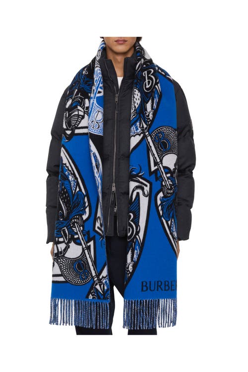 Burberry Charging Knight Wool Cashmere Scarf In Blue