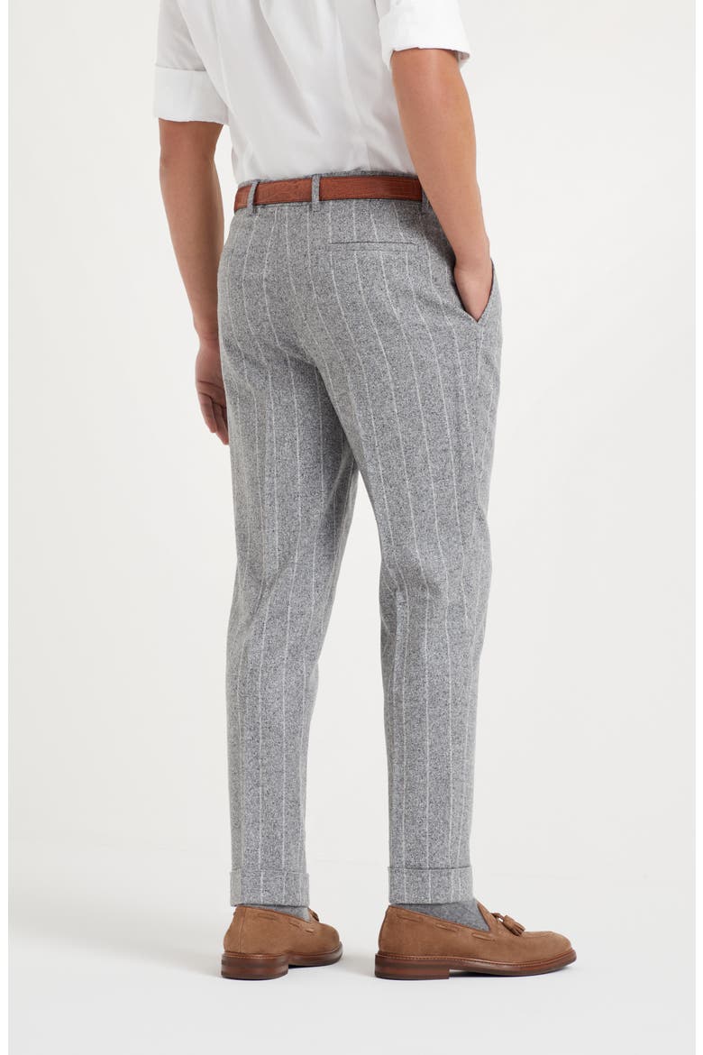 Flecked silk, wool and cashmere chalk stripe flannel leisure fit trousers with pleat, Alternate, color, Light Grey