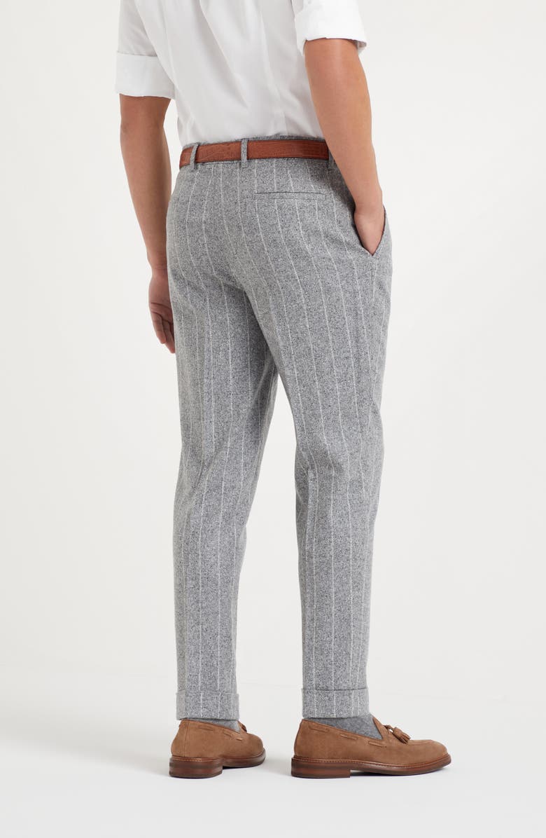 Brunello Cucinelli Flecked silk, wool and cashmere chalk stripe flannel leisure fit trousers with pleat, Alternate, color, 