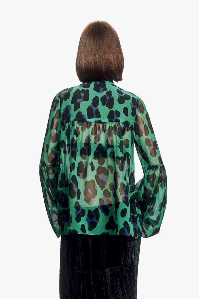 Jewel Jaguar Chiffon Tie Blouse, Alternate, color, JADE