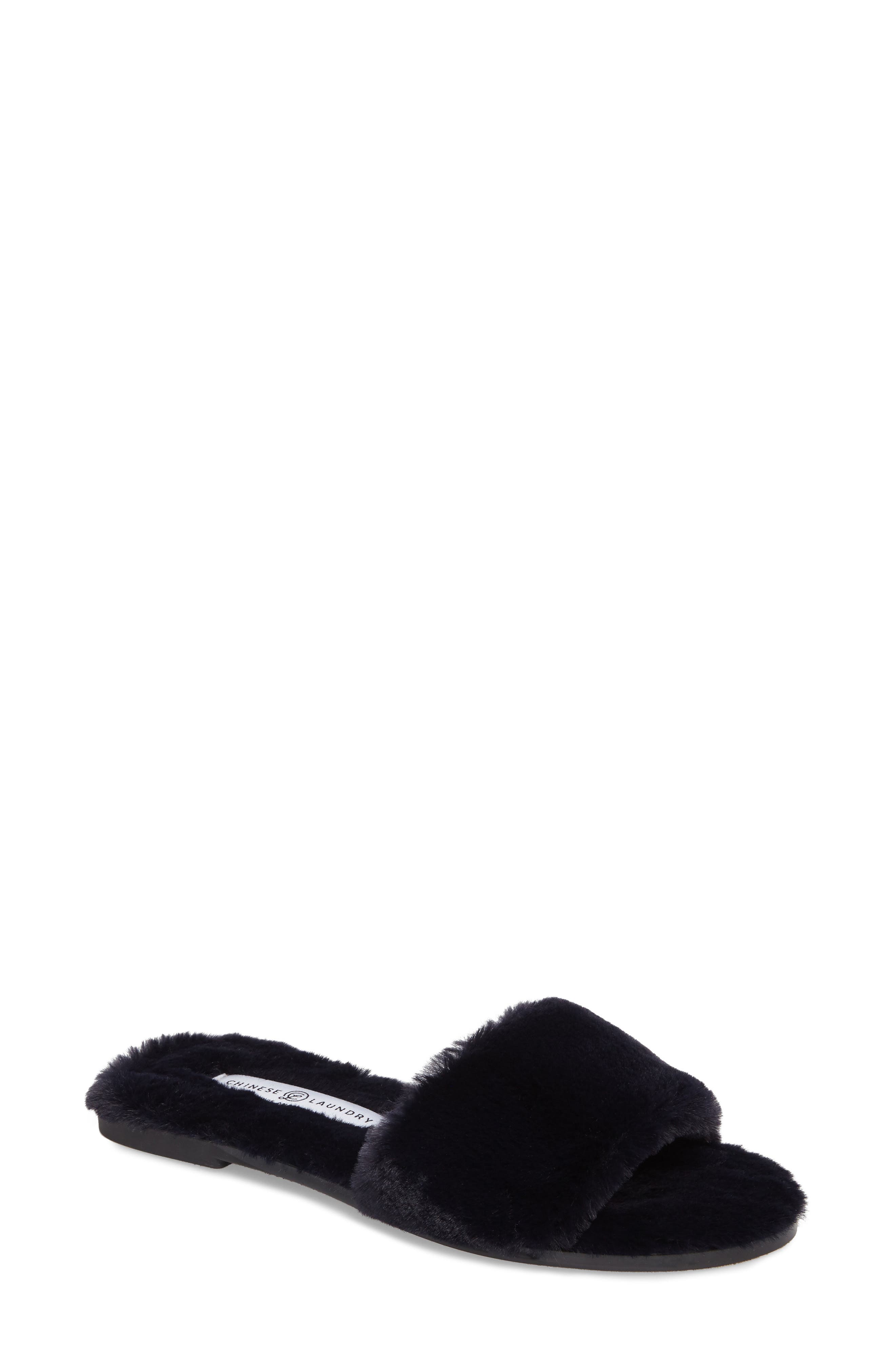 Mulholland Faux Fur Slide Sandal, Main, color, NAVY