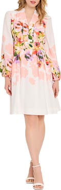 Tahari ASL Belted Print Long Sleeve Dress