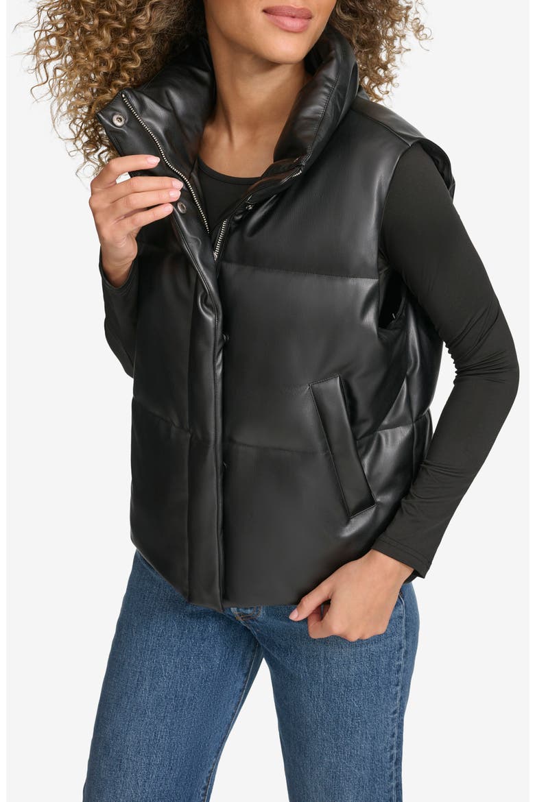Faux Leather Puffer Vest, Alternate, color, BLACK