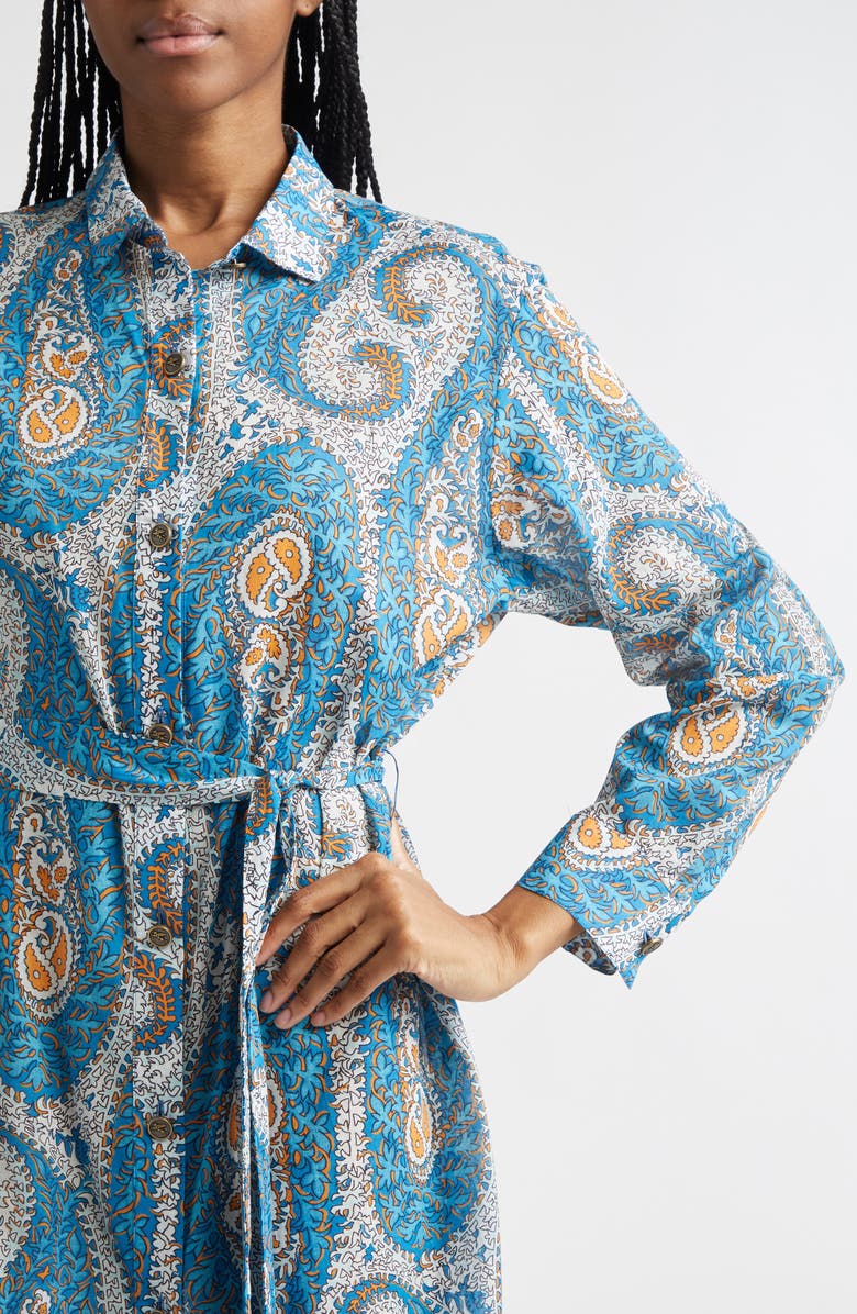 Etro Paisley Print Belted Long Sleeve Cotton Shirtdress, Alternate, color, Print On White Base