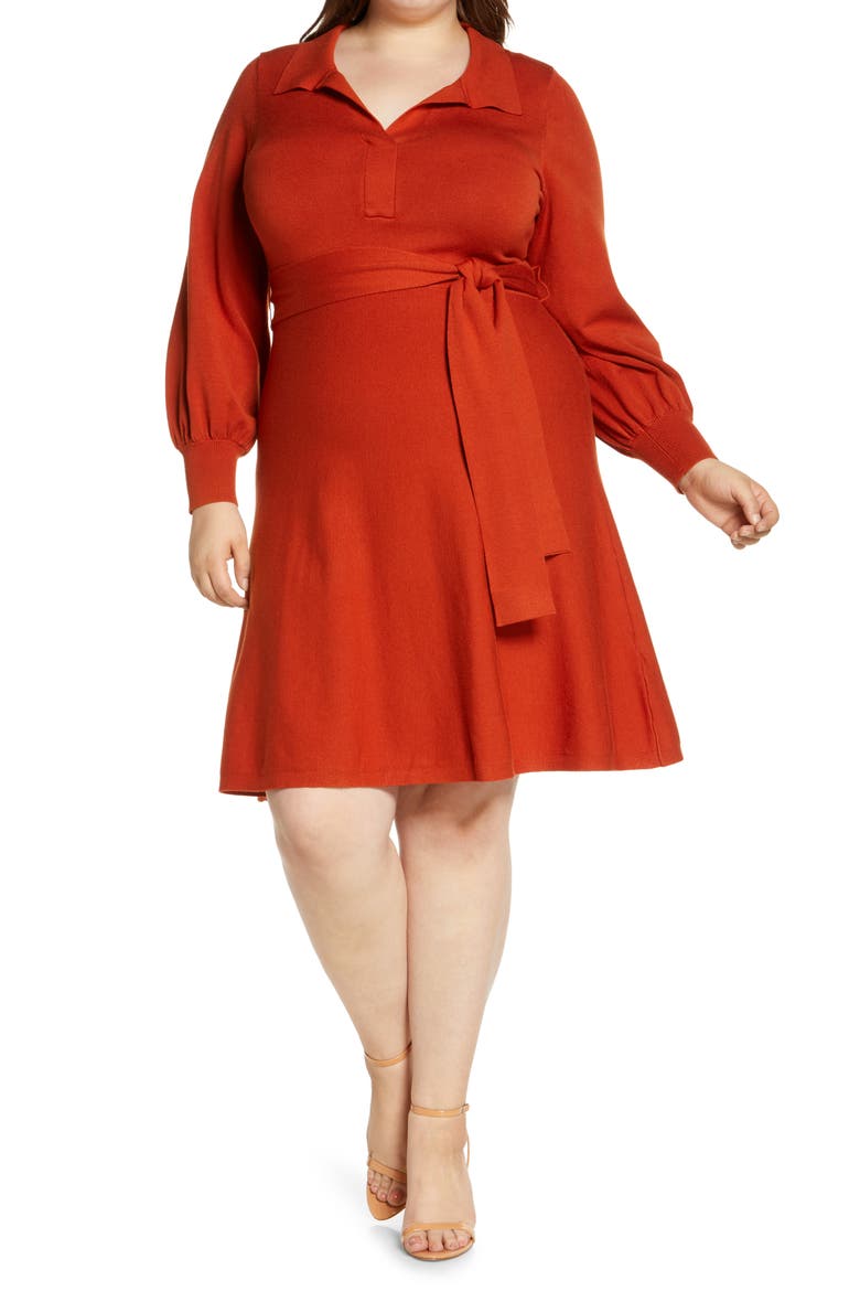 Tie Waist Split Neck Long Sleeve Sweater Dress, Main, color, SPICE
