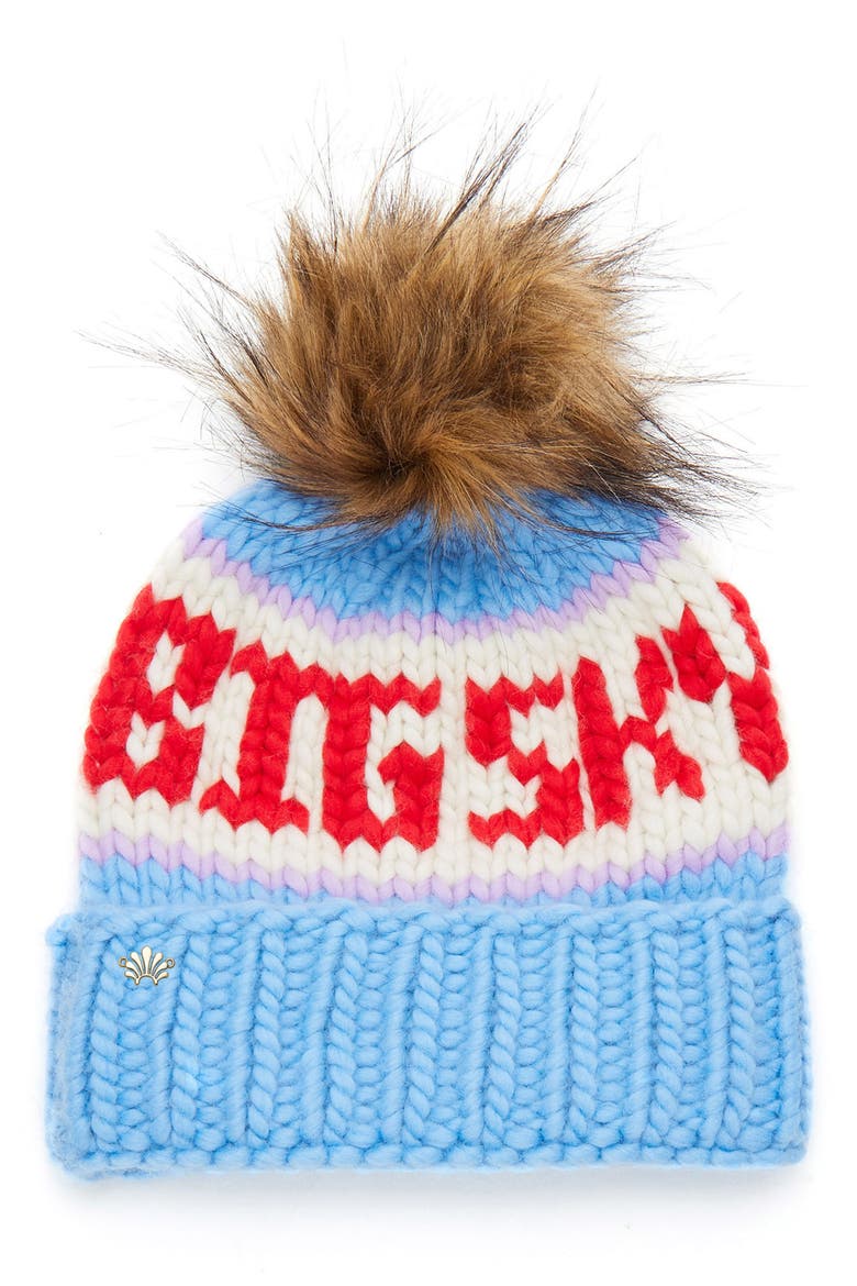 Big Sky Merino Wool Beanie with Faux Fur Pompom, Main, color, ARCTIC LAVENDER