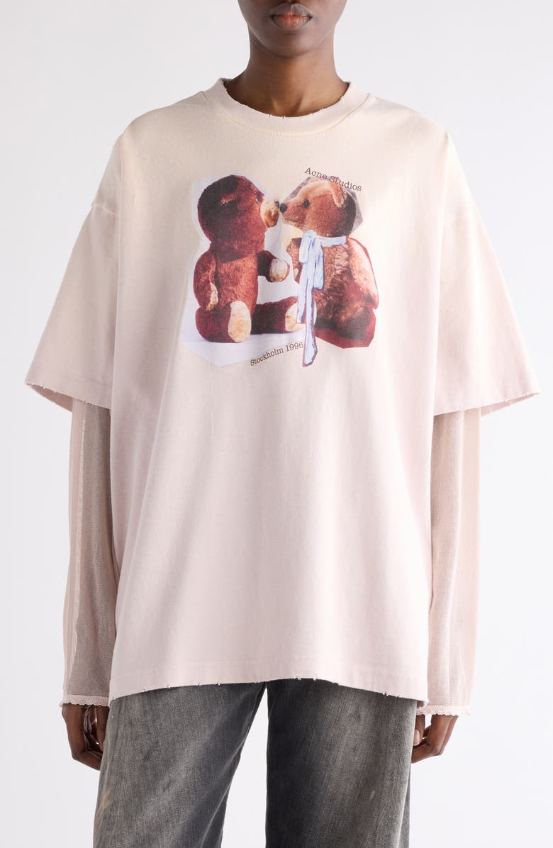 Acne Studios Edra Layered Long Sleeve Graphic T-Shirt, Main, color, Violet Pink