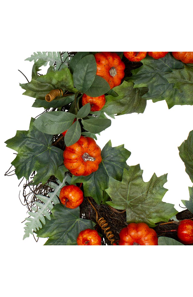 Northlight Maple and Fern Leaves with Pumpkins Artificial Wreath, Orange 24-Inch, Alternate, color,