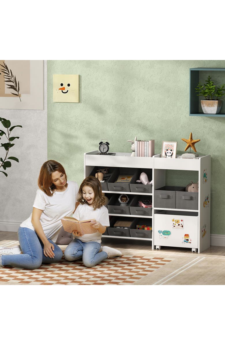 Qaba Toy Storage Organizer with Shelves and Fabric Bins Moveable Cabinet and Stickers Toy Organizer for Nursery Playroom Bedroom, Alternate, color, White
