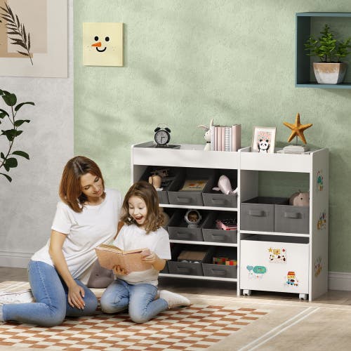 Qaba Toy Storage Organizer With Shelves And Fabric Bins Moveable Cabinet And Stickers Toy Organizer In White
