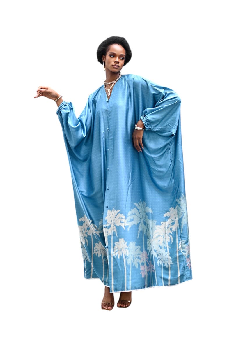 Azure Palm Print Caftan, Alternate, color, Turquoise Blue