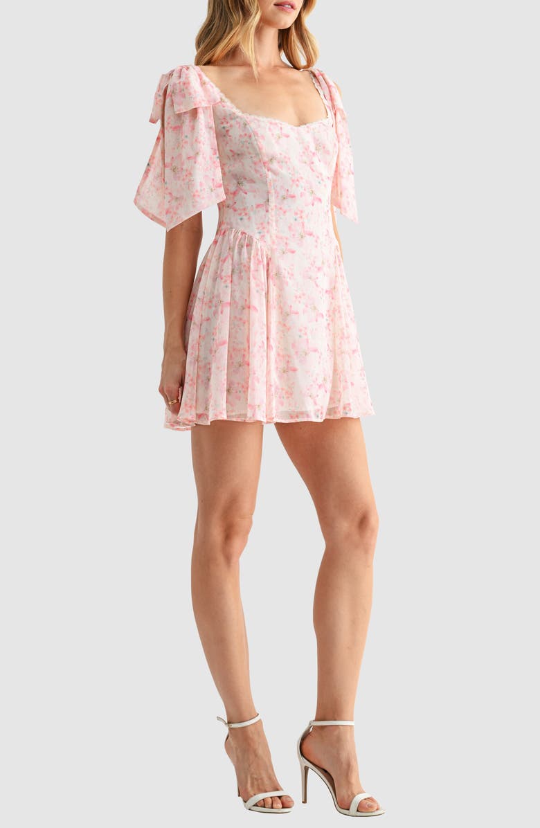 All in Favor Tie Shoulder Fit & Flare Minidress, Alternate, color, Pink Floral