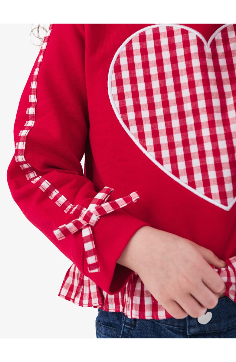 RuffleButts Applique Ruffle Bow Sweatshirt, Alternate, color, Heart Red Gingham