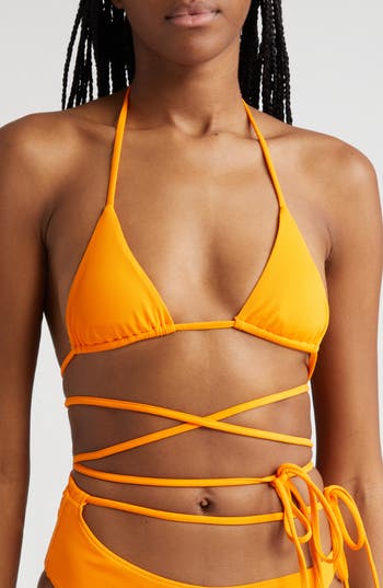 K.ngsley Naomi Halter Crossover Tie Waist Bikini Top In Orange