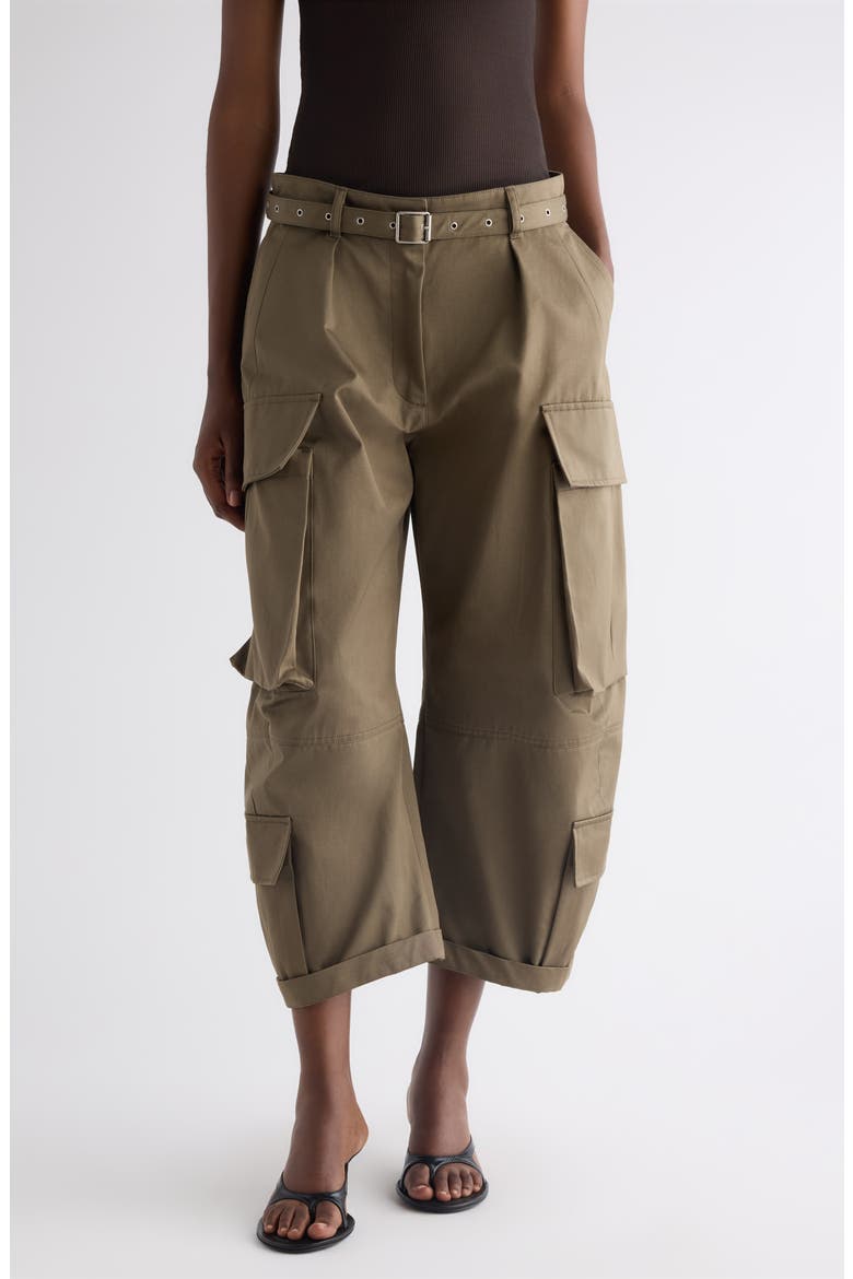 Belted Cotton Twill Barrel Leg Cargo Trousers, Main, color, KHAKI GREEN