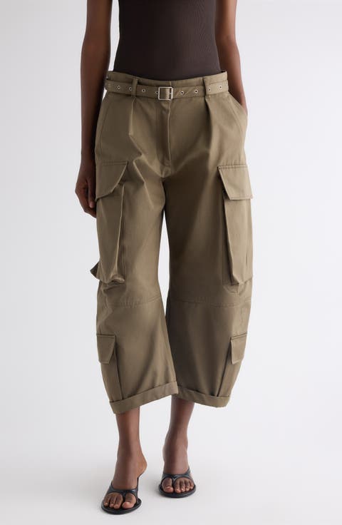 Belted Cotton Twill Barrel Leg Cargo Trousers