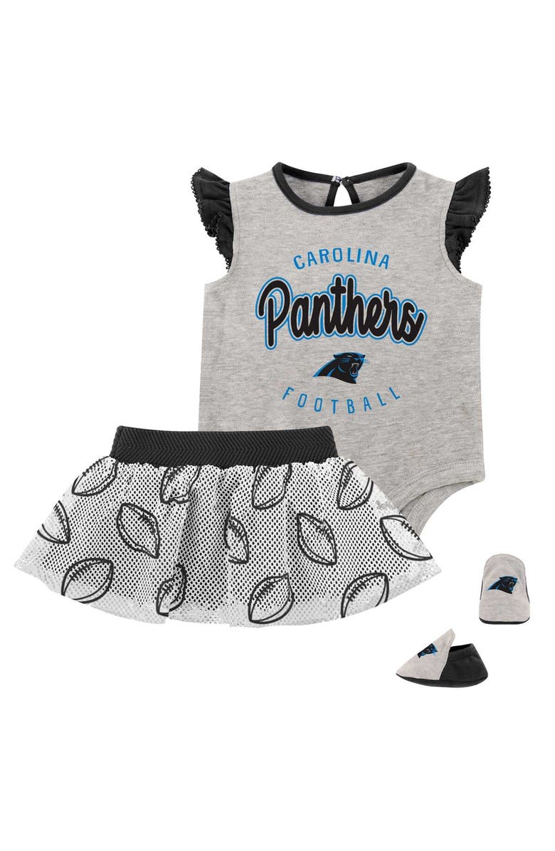 Outerstuff Girls Infant Heather Gray/Black Carolina Panthers All Dolled Up Three-Piece Bodysuit, Skirt & Booties Set, Main, color, 