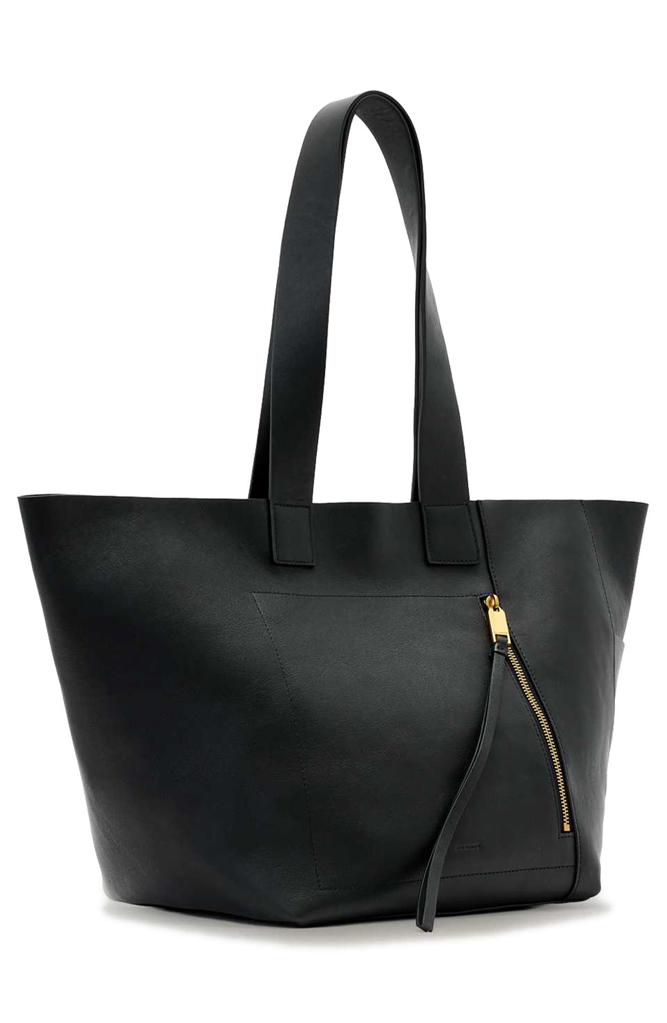 AllSaints Alba Leather/West Tote, Alternate, color, Black