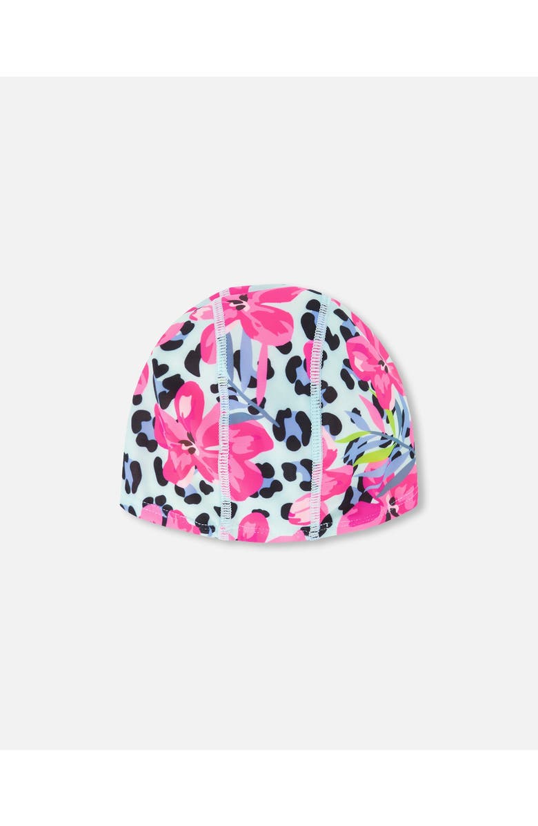 Deux par Deux Flexible Fit Floral and Leopard Swim Cap, Alternate, color, Blue Floral And Leopard Print