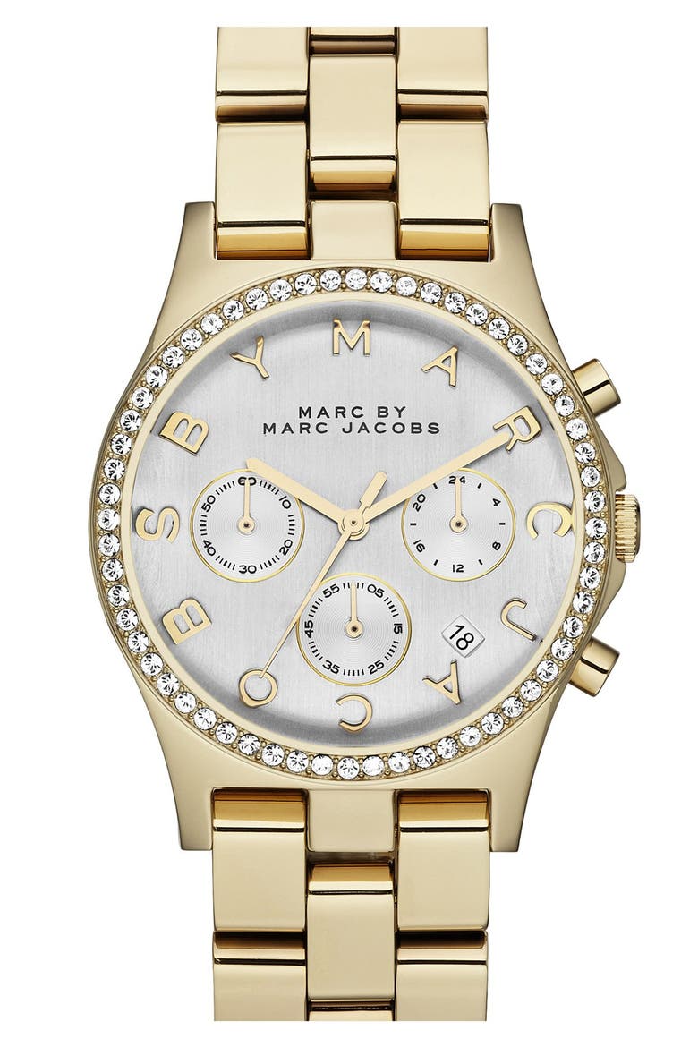 'Henry' Chronograph & Crystal Topring Watch, 40mm, Main, color, GOLD/ SILVER