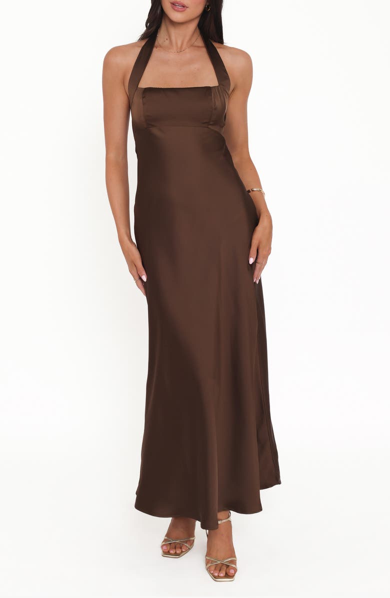 Petal & Pup Nakita Satin Halter Maxi Dress, Main, color, Brown