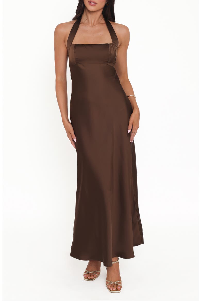 brown satin halter maxi dress Eye-Catching Silhouette Dark Brown Cowl Neck Halter Maxi Dress