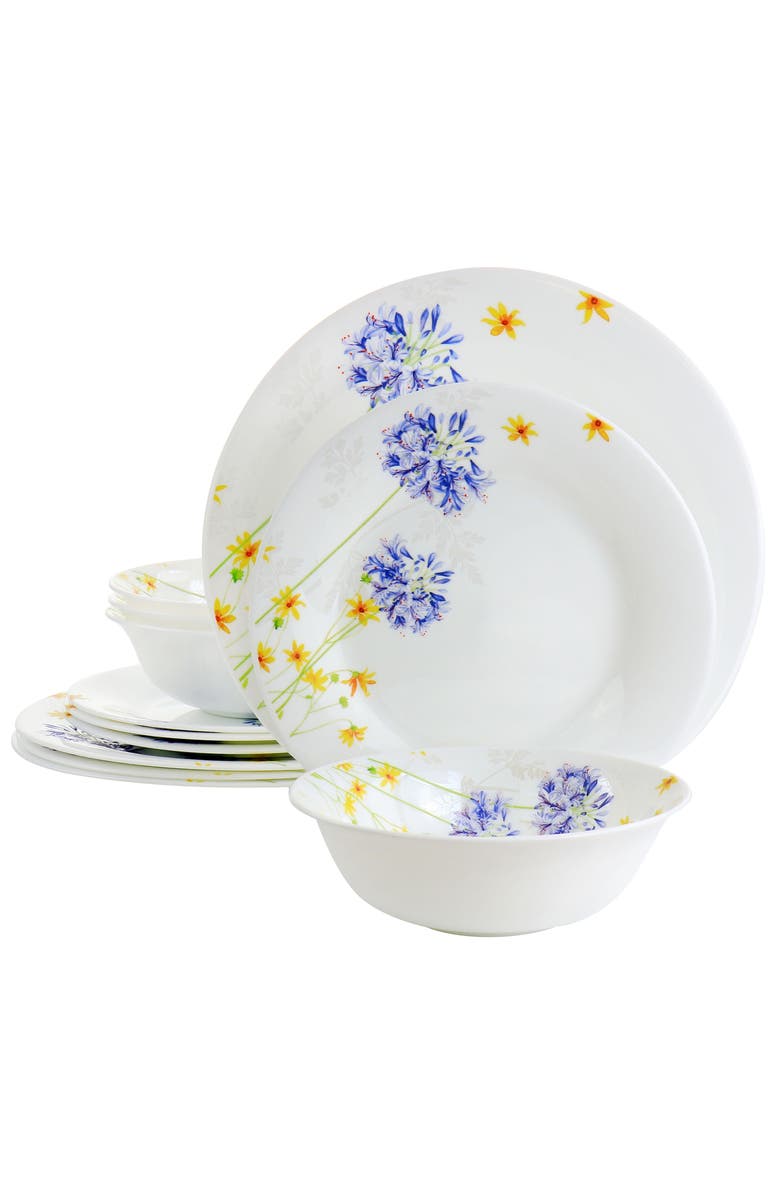 Gibson Ultra Ultra Violet Floral 12 Piece Tempe Opal Glass Dinnerware Set, Main, color, White