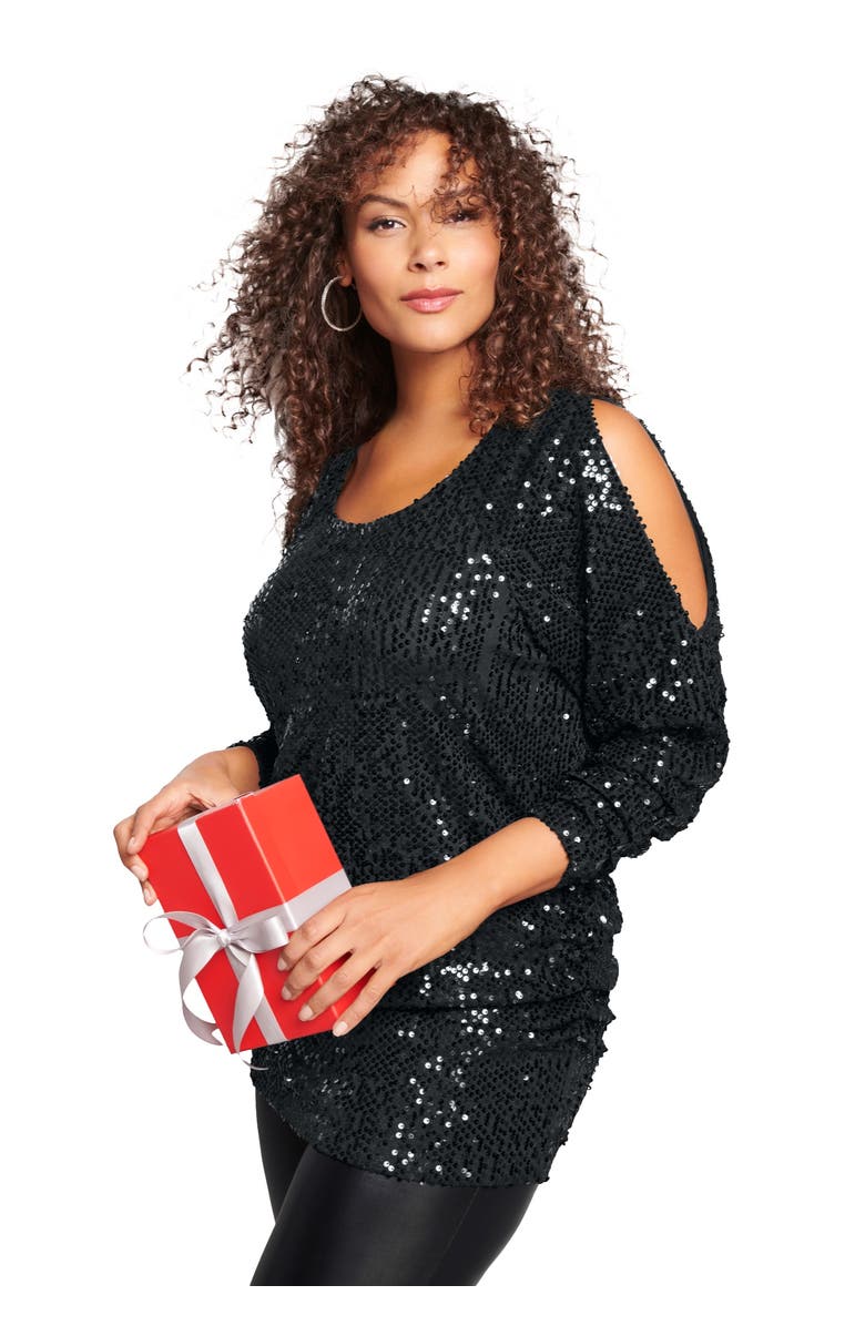 Roaman's Cold-Shoulder Sequin Tunic, Main, color, Black