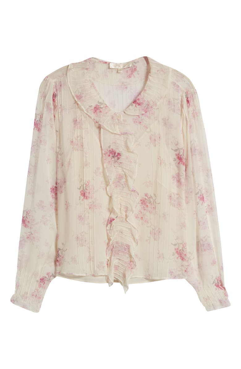 LoveShackFancy Rizzo Floral Print Ruffle Silk Shirt, Alternate, color, 