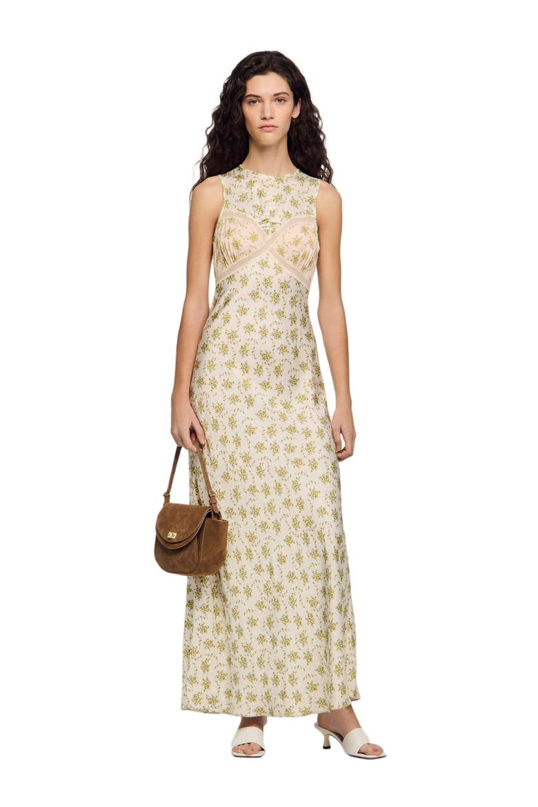 Flower print maxi dress, Alternate, color, Olive / ecru