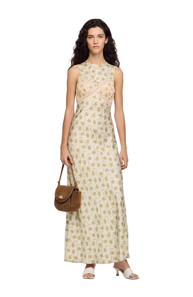 SANDRO Flower print maxi dress, Alternate, color, Olive / Ecru