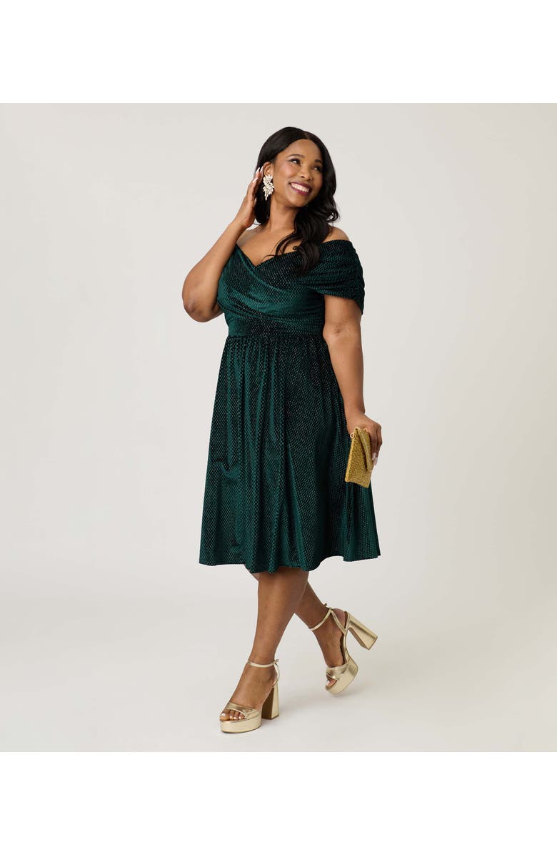 Unique Vintage Plus Size Shirred Off Shoulder Swing Dress, Alternate, color, Emerald