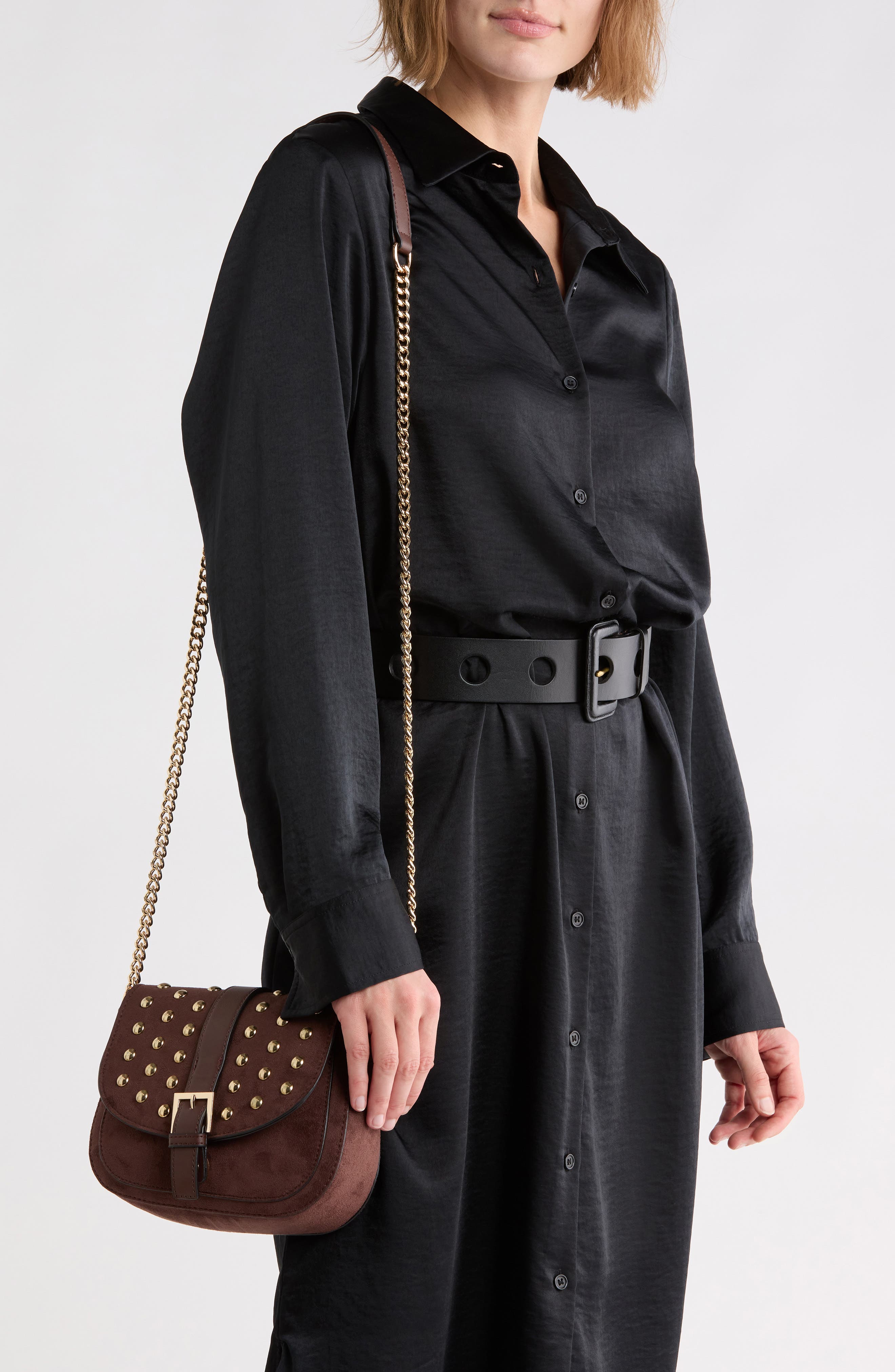Studded Faux Suede Camera Bag, Alternate, color, CHOCOLATE