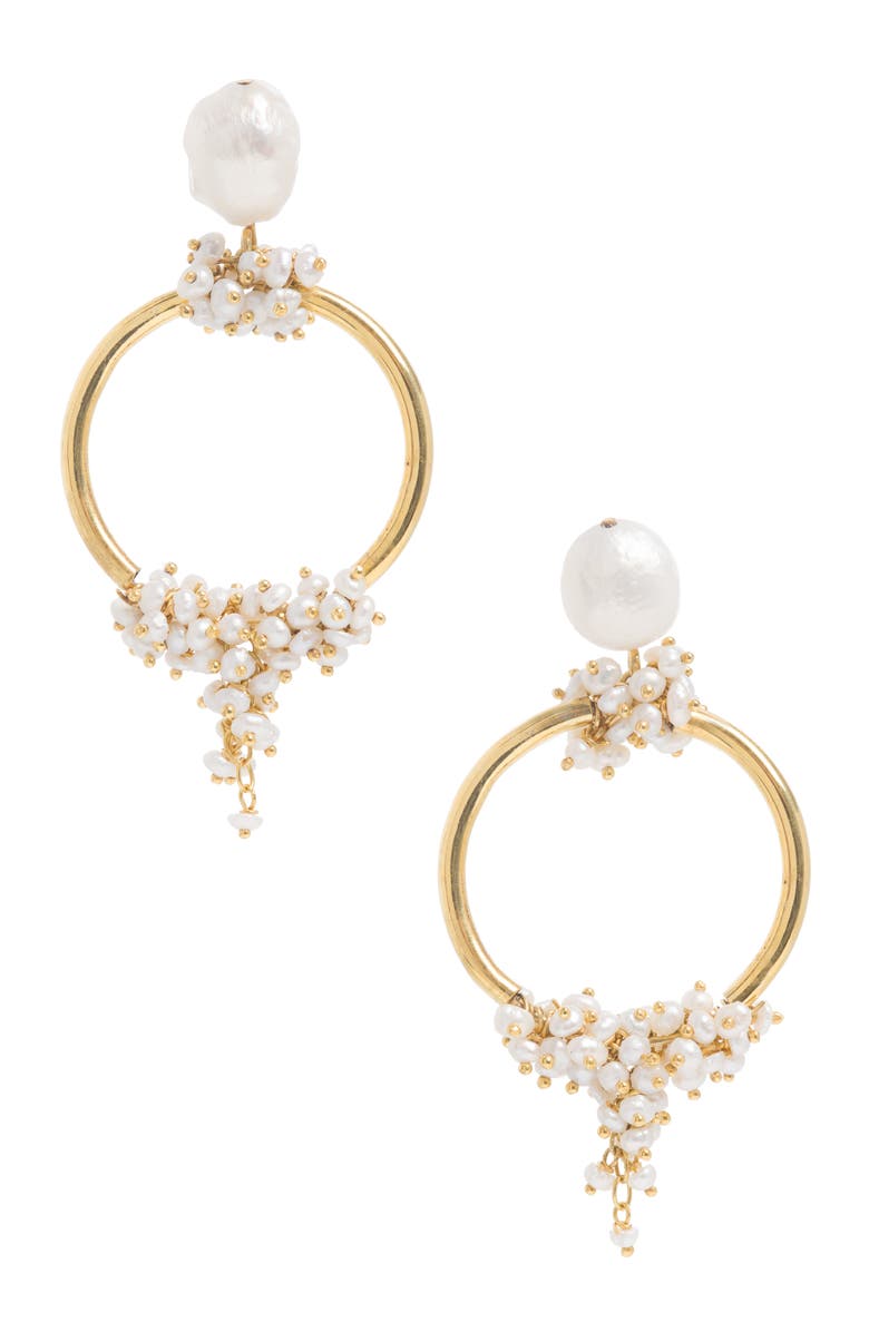 Freya Rose Seed and Baroque Pearl Mid Hoops, Main, color, Gold