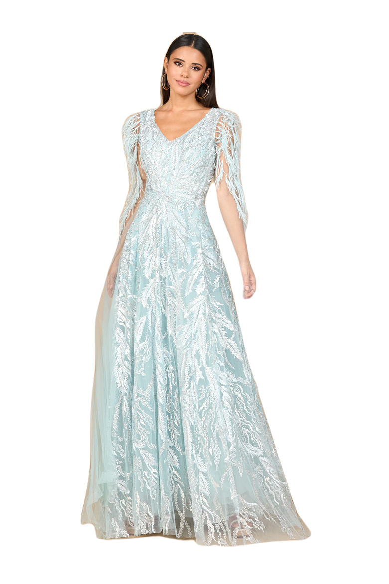 V - Neck Gown with Long Cape Sleeves, Main, color, Dusty Blue