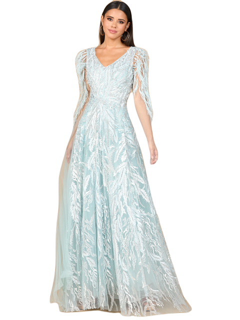 V - Neck Gown with Long Cape Sleeves
