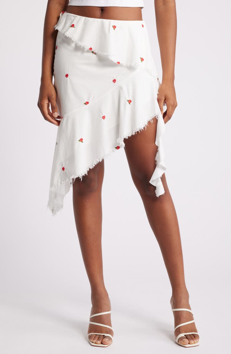 Mistress Rocks Rose Embroidered Ruffle Asymmetric Skirt, Main, color, Cloud