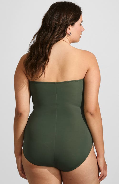Lands' End Slender Suit Shine Bandeau Tummy Control Chlorine Resistant High Leg One Piece Swimsuit In Navy/cloud Blue/olive Green