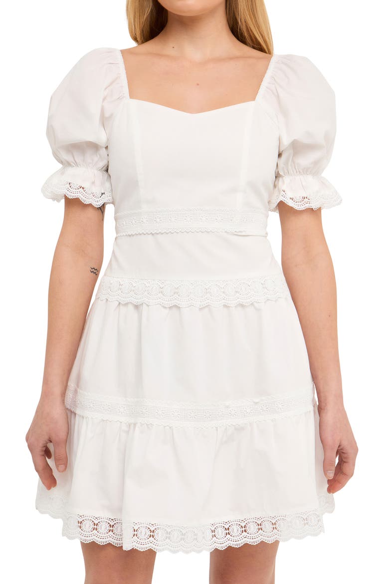 Lace Trim Puff Sleeve Minidress, Alternate, color, WHITE