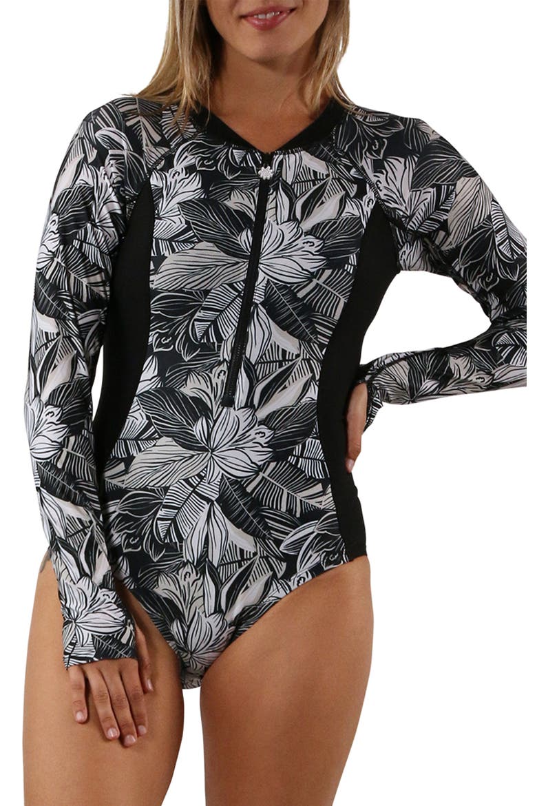 Long Sleeve Half Zip Swimsuit, Main, color, Woodblock Tropics