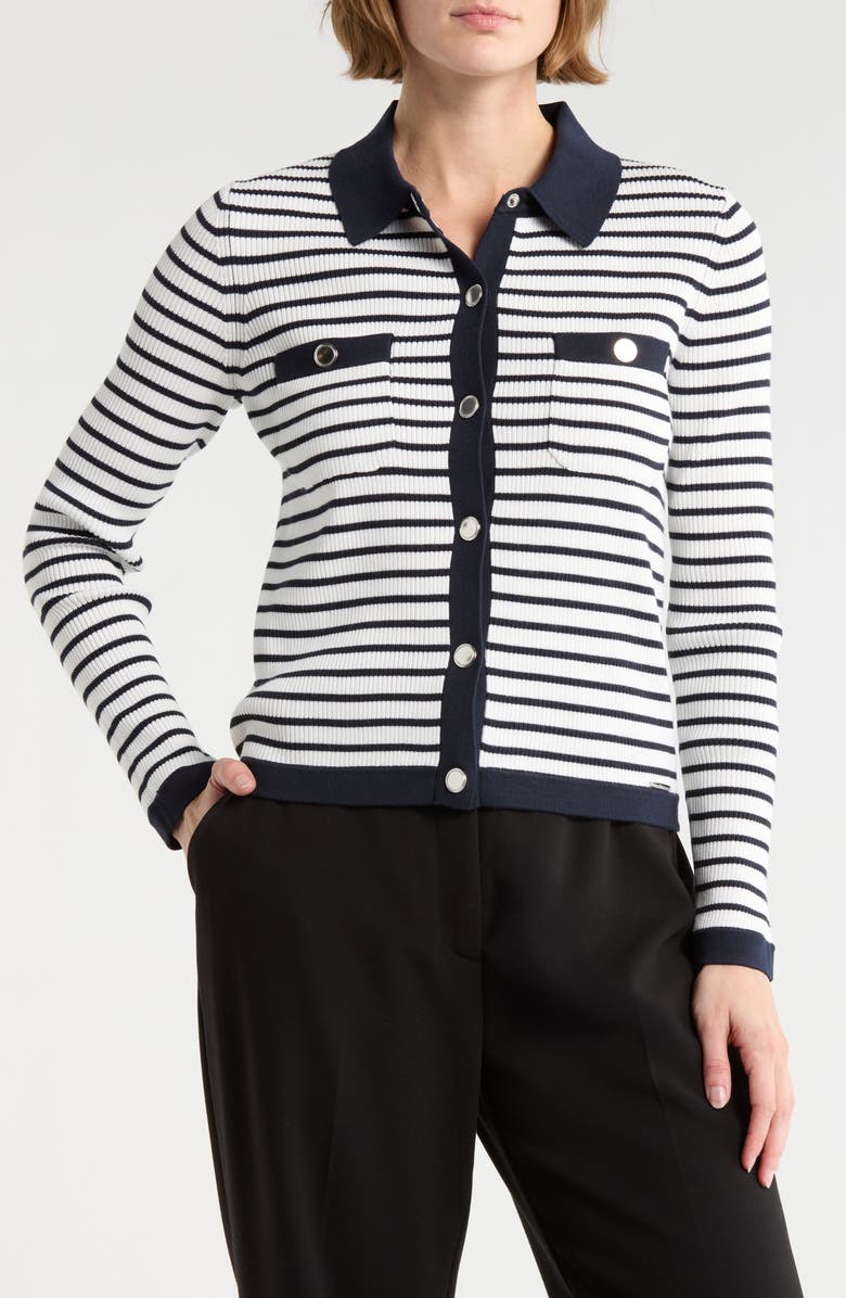 ELIE ELIE TAHARI Stripe Rib Knit Cardigan, Main, color, Egret/ Dark Sapphire
